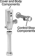 Image of System. Touch Free. Front orientation. Exploded view. Contains Annotated. Flush Valve Replacement Parts. Kohler Flush Valve Replacement Parts.